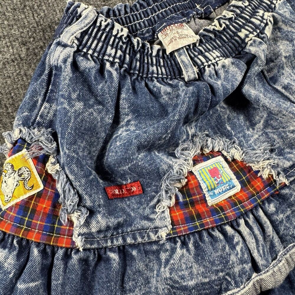 Vintage Braxton Kids Girls Size 6 Acid Wash Denim Tiered Ruffle Skirt Plaid